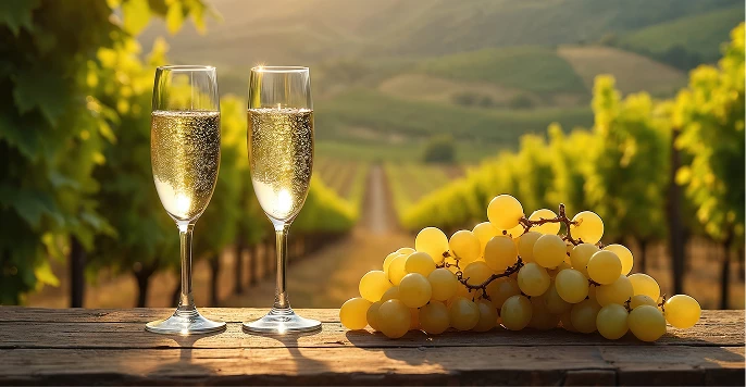 ブドウ畑を背景に、泡立つスパークリングワインのグラスとブドウの実